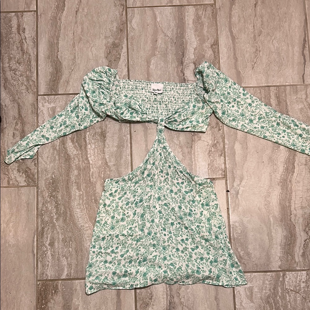 Green Asymmetrical Crop Blouse with Tie Front